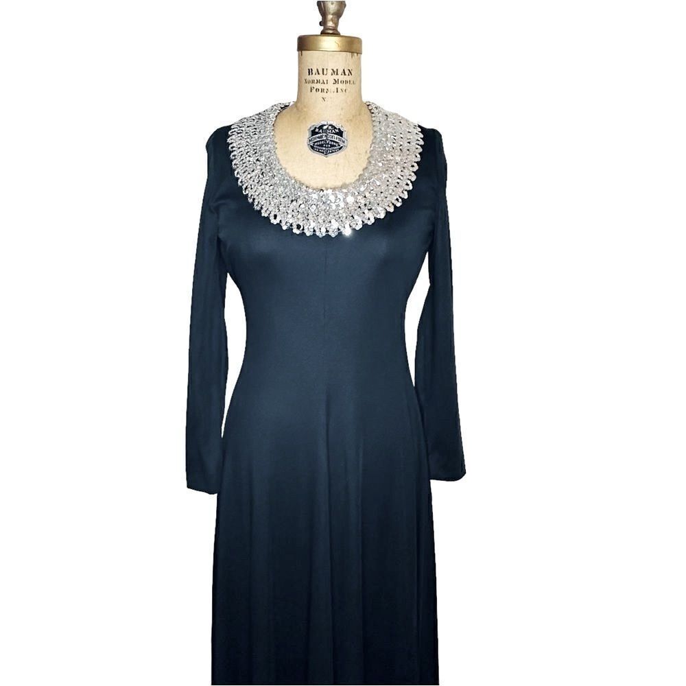 Vintage 70s Bernie Bee Long Black Dress with silver sequin neckline Size 2 NWT